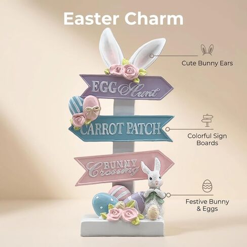 Rabbit Statue Decor Resin Easter Figurines with Directional Signs Sculptures Birthday Decorative for Spring Party Supplies Home Garden Outdoor Statues, Yard Decorations (White) in Saudi Arabia