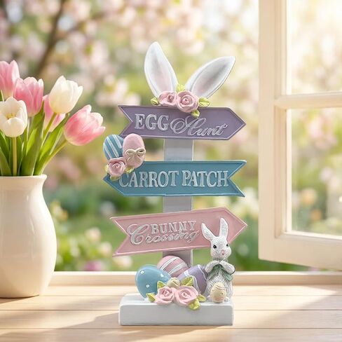 Rabbit Statue Decor Resin Easter Figurines with Directional Signs Sculptures Birthday Decorative for Spring Party Supplies Home Garden Outdoor Statues, Yard Decorations (White) in Saudi Arabia