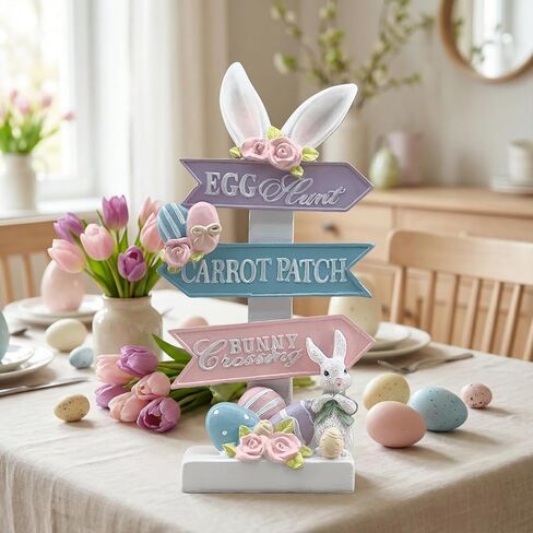 Rabbit Statue Decor Resin Easter Figurines with Directional Signs Sculptures Birthday Decorative for Spring Party Supplies Home Garden Outdoor Statues, Yard Decorations (White) in Saudi Arabia
