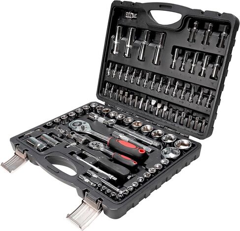 مجموعة أدوات ميكانيكا مترية، 95 قطعة 1/2 بوصة و1/4 بوصة مجموعة مقابس تأثير المحرك مع مقبض سقاطة، مجموعة مقابس عميقة وضحلة مع وصلة عالمية، مجموعة أدوات السيارات مع حقيبة للسيارة والدراجات النارية وإصلاح المنزل in Kuwait