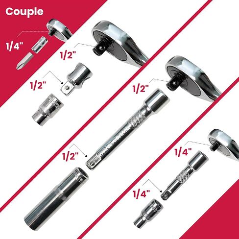 مجموعة أدوات ميكانيكا مترية، 95 قطعة 1/2 بوصة و1/4 بوصة مجموعة مقابس تأثير المحرك مع مقبض سقاطة، مجموعة مقابس عميقة وضحلة مع وصلة عالمية، مجموعة أدوات السيارات مع حقيبة للسيارة والدراجات النارية وإصلاح المنزل in Kuwait