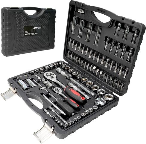 مجموعة أدوات ميكانيكا مترية، 95 قطعة 1/2 بوصة و1/4 بوصة مجموعة مقابس تأثير المحرك مع مقبض سقاطة، مجموعة مقابس عميقة وضحلة مع وصلة عالمية، مجموعة أدوات السيارات مع حقيبة للسيارة والدراجات النارية وإصلاح المنزل in Kuwait