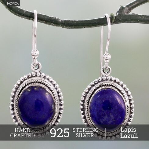 NOVICA Artisan Handmade Lapis Lazuli Dangle Earrings on Artisan Crafted 925 Silver Hook Sterling Blue India Snorkel Birthstone [1.4 in L x 0.6 in W x 0.3 in D] ' True Clarity' in Saudi Arabia