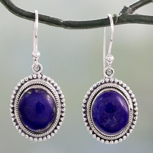 NOVICA Artisan Handmade Lapis Lazuli Dangle Earrings on Artisan Crafted 925 Silver Hook Sterling Blue India Snorkel Birthstone [1.4 in L x 0.6 in W x 0.3 in D] ' True Clarity' in Saudi Arabia