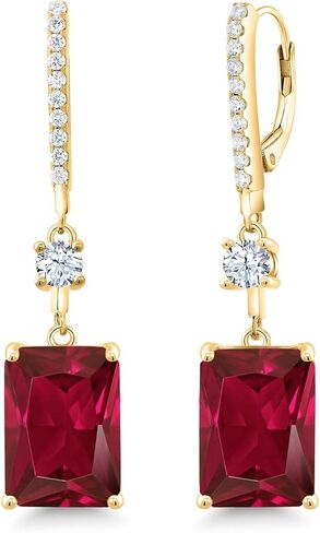Gem Stone King 18K Yellow Gold Plated Silver Red Created Ruby Earrings For Women | 10.30 Cttw | Emerald Cut 14X10MM | Fine Jewelry Gifts for Women Mom Wife Her in Saudi Arabia