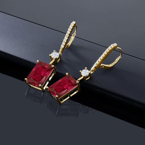 Gem Stone King 18K Yellow Gold Plated Silver Red Created Ruby Earrings For Women | 10.30 Cttw | Emerald Cut 14X10MM | Fine Jewelry Gifts for Women Mom Wife Her in Saudi Arabia