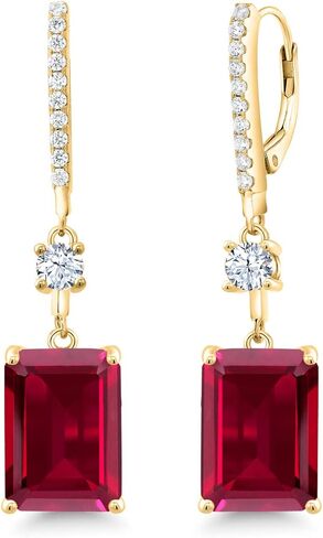 Gem Stone King 18K Yellow Gold Plated Silver Red Created Ruby Earrings For Women | 10.30 Cttw | Emerald Cut 14X10MM | Fine Jewelry Gifts for Women Mom Wife Her in Saudi Arabia