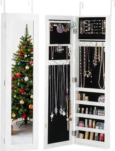 LDAILY Jewelry Armoire, Full-Length Mirror with Storage, Wall Door Mounted Jewelry Cabinet with 5 Shelves, 16 Hooks & 60 Ring Slots, Large Storage Mirrored Jewelry Organizer for Girls Women, White in Kuwait