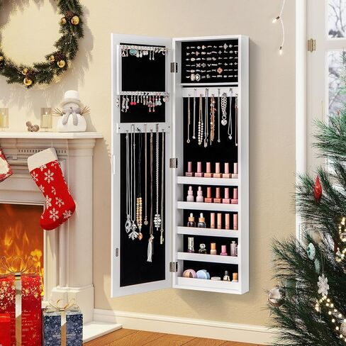 LDAILY Jewelry Armoire, Full-Length Mirror with Storage, Wall Door Mounted Jewelry Cabinet with 5 Shelves, 16 Hooks & 60 Ring Slots, Large Storage Mirrored Jewelry Organizer for Girls Women, White in Kuwait