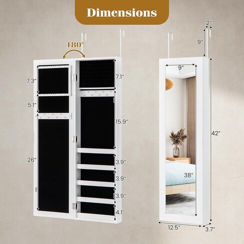 LDAILY Jewelry Armoire, Full-Length Mirror with Storage, Wall Door Mounted Jewelry Cabinet with 5 Shelves, 16 Hooks & 60 Ring Slots, Large Storage Mirrored Jewelry Organizer for Girls Women, White in Kuwait