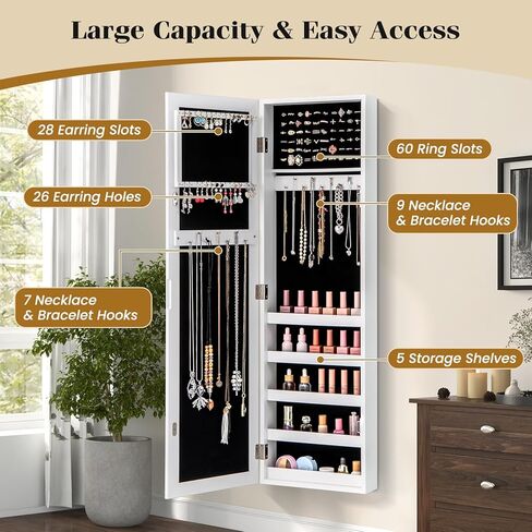 LDAILY Jewelry Armoire, Full-Length Mirror with Storage, Wall Door Mounted Jewelry Cabinet with 5 Shelves, 16 Hooks & 60 Ring Slots, Large Storage Mirrored Jewelry Organizer for Girls Women, White in Kuwait