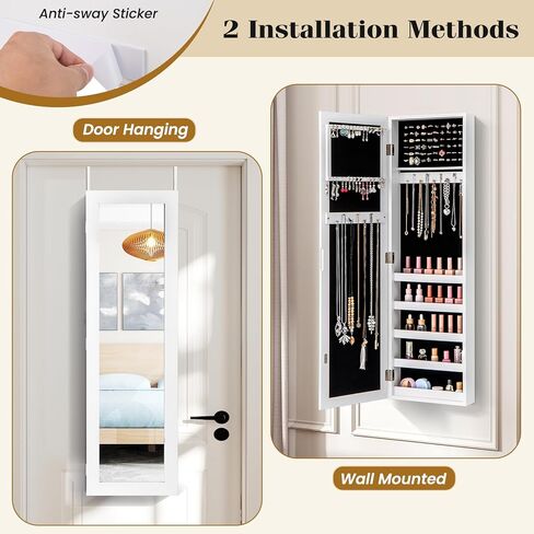 LDAILY Jewelry Armoire, Full-Length Mirror with Storage, Wall Door Mounted Jewelry Cabinet with 5 Shelves, 16 Hooks & 60 Ring Slots, Large Storage Mirrored Jewelry Organizer for Girls Women, White in Kuwait