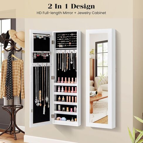 LDAILY Jewelry Armoire, Full-Length Mirror with Storage, Wall Door Mounted Jewelry Cabinet with 5 Shelves, 16 Hooks & 60 Ring Slots, Large Storage Mirrored Jewelry Organizer for Girls Women, White in Kuwait