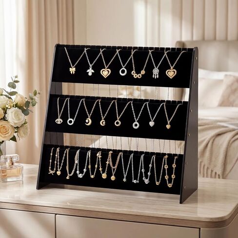 حامل عرض القلادة من 3 طبقات، حامل قلادة خشبي من الأكريليك، حامل منظم المجوهرات مع 75 فتحة مخملية لتخزين المجوهرات على سطح الطاولة للبائعين الذين يبيعون عرض الحرف اليدوية في المتجر المنزلي (أبيض) in Kuwait