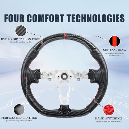 عجلة قيادة بنمط ألياف الكربون لنيسان 370Z 2009-2020، جوك 2011-2017، ماكسيما 2009-2014، تناسب إنفينيتي FX35 FX37 FX50 QX70 2009-2017، استبدال المقبض الرياضي ذو الخياطة الحمراء المسطحة in Kuwait