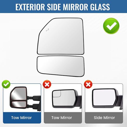 Left Driver Side Lower & Upper Mirror Glass Replacement for 2015-2024 Ford F150 F250 F350 F450 F550, Towing Mirrors Convex Rearview Glass with Backing Plate and Blind Spot Light in Kuwait