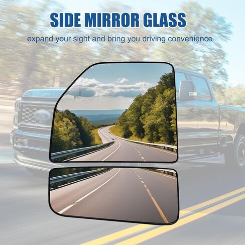 Left Driver Side Lower & Upper Mirror Glass Replacement for 2015-2024 Ford F150 F250 F350 F450 F550, Towing Mirrors Convex Rearview Glass with Backing Plate and Blind Spot Light in Kuwait