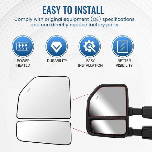 Left Driver Side Lower & Upper Mirror Glass Replacement for 2015-2024 Ford F150 F250 F350 F450 F550, Towing Mirrors Convex Rearview Glass with Backing Plate and Blind Spot Light in Kuwait