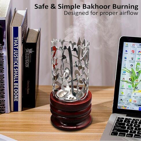 AM Bakhoor Calligraphy Incense Burner - Metalic Resin Cone Holder | Wooden Base | Frankincense Charcoal Burner Mabkhara | Spiritual Gifts for Office & Home Decor (Silver) in Kuwait