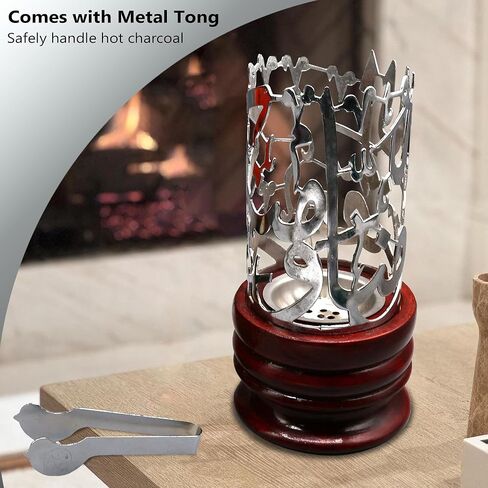 AM Bakhoor Calligraphy Incense Burner - Metalic Resin Cone Holder | Wooden Base | Frankincense Charcoal Burner Mabkhara | Spiritual Gifts for Office & Home Decor (Silver) in Kuwait