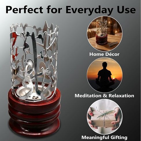 AM Bakhoor Calligraphy Incense Burner - Metalic Resin Cone Holder | Wooden Base | Frankincense Charcoal Burner Mabkhara | Spiritual Gifts for Office & Home Decor (Silver) in Kuwait