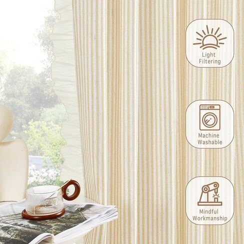 ستائر RYB HOME مكشكشة من الكتان مخططة مرشحة للضوء شبه شفافة بطول 84 بوصة، معالجة نافذة مزرعة بوهو عمودية لغرفة المعيشة وغرفة النوم، مطبوعة مقلمة، أصفر، W52 x L84، لوحتان in Saudi Arabia