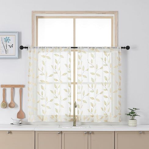 Chyhomenyc Natural Short Sheer Curtains 36 Inch Length - Light Filtering Linen Blend Small Half Window Curtains, Embroidered Leaf Pattern Curtain for Kitchen Bathroom Basement, 30Wx36L, 2 Panels in Kuwait