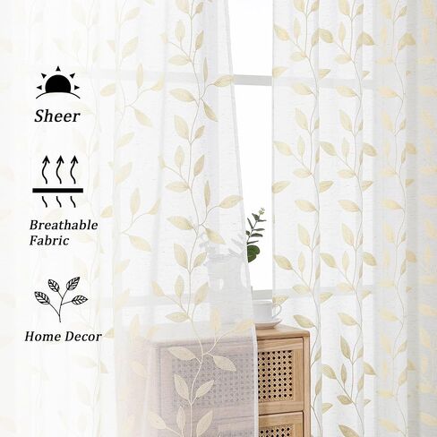 Chyhomenyc Natural Short Sheer Curtains 36 Inch Length - Light Filtering Linen Blend Small Half Window Curtains, Embroidered Leaf Pattern Curtain for Kitchen Bathroom Basement, 30Wx36L, 2 Panels in Kuwait