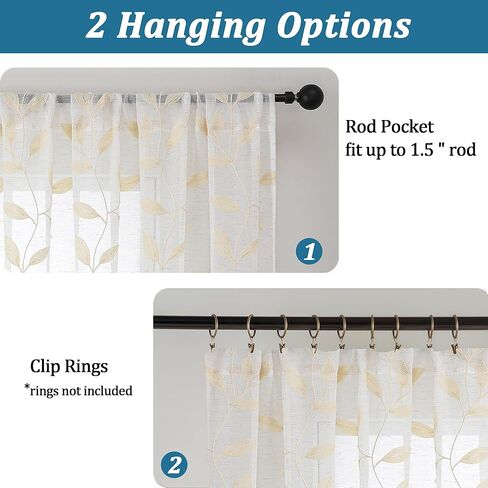 Chyhomenyc Natural Short Sheer Curtains 36 Inch Length - Light Filtering Linen Blend Small Half Window Curtains, Embroidered Leaf Pattern Curtain for Kitchen Bathroom Basement, 30Wx36L, 2 Panels in Kuwait