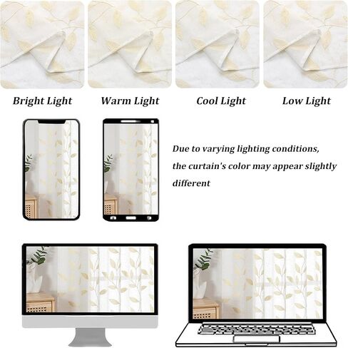 Chyhomenyc Natural Short Sheer Curtains 36 Inch Length - Light Filtering Linen Blend Small Half Window Curtains, Embroidered Leaf Pattern Curtain for Kitchen Bathroom Basement, 30Wx36L, 2 Panels in Kuwait