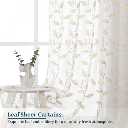 Chyhomenyc Natural Short Sheer Curtains 36 Inch Length - Light Filtering Linen Blend Small Half Window Curtains, Embroidered Leaf Pattern Curtain for Kitchen Bathroom Basement, 30Wx36L, 2 Panels in Kuwait