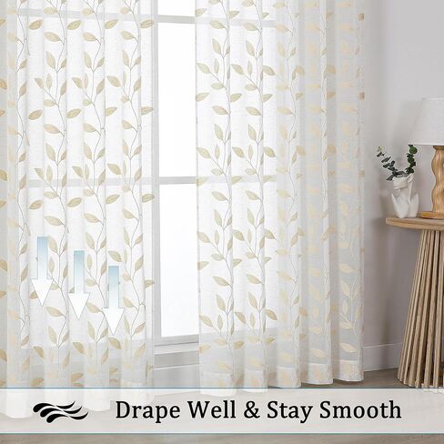 Chyhomenyc Natural Short Sheer Curtains 36 Inch Length - Light Filtering Linen Blend Small Half Window Curtains, Embroidered Leaf Pattern Curtain for Kitchen Bathroom Basement, 30Wx36L, 2 Panels in Kuwait