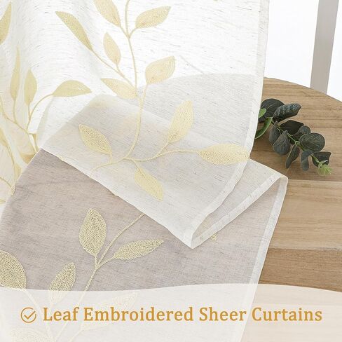 Chyhomenyc Natural Short Sheer Curtains 36 Inch Length - Light Filtering Linen Blend Small Half Window Curtains, Embroidered Leaf Pattern Curtain for Kitchen Bathroom Basement, 30Wx36L, 2 Panels in Kuwait