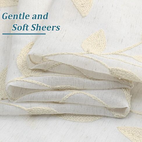 Chyhomenyc Natural Short Sheer Curtains 36 Inch Length - Light Filtering Linen Blend Small Half Window Curtains, Embroidered Leaf Pattern Curtain for Kitchen Bathroom Basement, 30Wx36L, 2 Panels in Kuwait