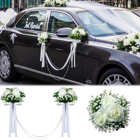 Zeyune Wedding Car Ribbon Garland with Pearl Bridal Car Door Decoration Artificial Door Handle Flowers Bowknot for Automotive Mirrors Handles Bouquet Decoration(White) in Saudi Arabia