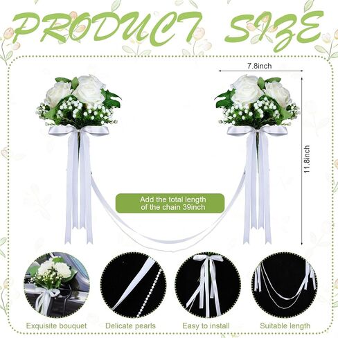 Zeyune Wedding Car Ribbon Garland with Pearl Bridal Car Door Decoration Artificial Door Handle Flowers Bowknot for Automotive Mirrors Handles Bouquet Decoration(White) in Saudi Arabia