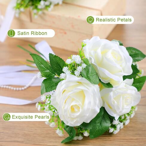 Zeyune Wedding Car Ribbon Garland with Pearl Bridal Car Door Decoration Artificial Door Handle Flowers Bowknot for Automotive Mirrors Handles Bouquet Decoration(White) in Saudi Arabia