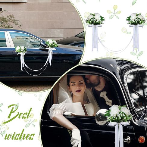 Zeyune Wedding Car Ribbon Garland with Pearl Bridal Car Door Decoration Artificial Door Handle Flowers Bowknot for Automotive Mirrors Handles Bouquet Decoration(White) in Saudi Arabia