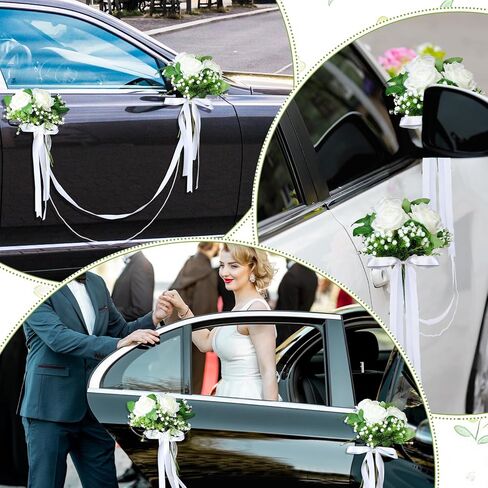 Zeyune Wedding Car Ribbon Garland with Pearl Bridal Car Door Decoration Artificial Door Handle Flowers Bowknot for Automotive Mirrors Handles Bouquet Decoration(White) in Saudi Arabia