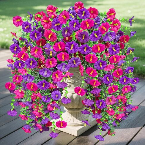 4PCS Artificial Fake Hanging Flowers Plants for Outdoor Spring Decor, UV Resistant Faux Morning Glory Eucalyptus Realistic Silk Petunias for Planter Porch Garden Balcony Yard Indoor (Purple Fuchsia) in Kuwait