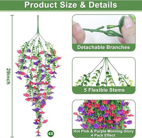4PCS Artificial Fake Hanging Flowers Plants for Outdoor Spring Decor, UV Resistant Faux Morning Glory Eucalyptus Realistic Silk Petunias for Planter Porch Garden Balcony Yard Indoor (Purple Fuchsia) in Kuwait