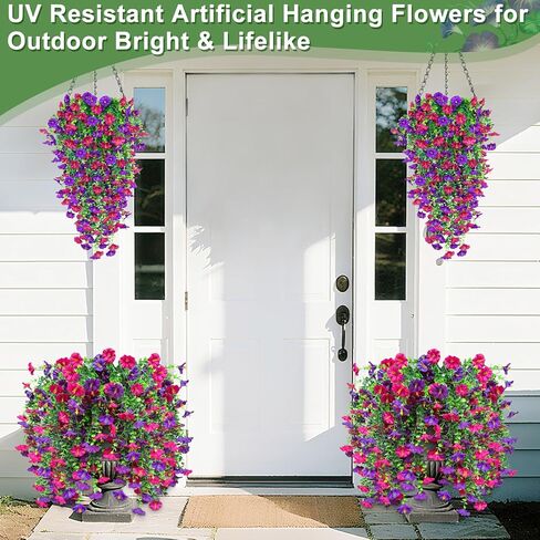 4PCS Artificial Fake Hanging Flowers Plants for Outdoor Spring Decor, UV Resistant Faux Morning Glory Eucalyptus Realistic Silk Petunias for Planter Porch Garden Balcony Yard Indoor (Purple Fuchsia) in Kuwait