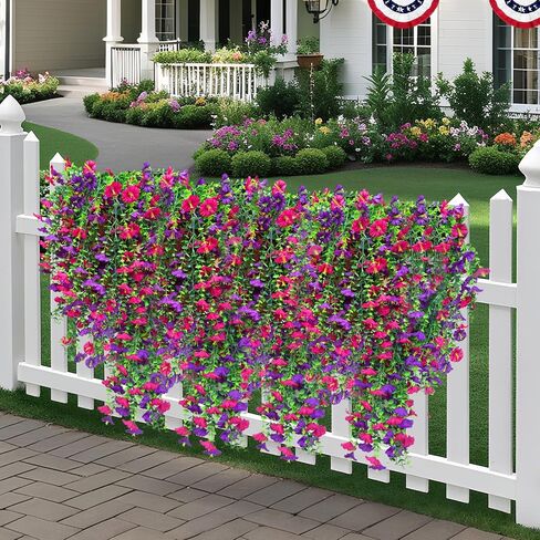 4PCS Artificial Fake Hanging Flowers Plants for Outdoor Spring Decor, UV Resistant Faux Morning Glory Eucalyptus Realistic Silk Petunias for Planter Porch Garden Balcony Yard Indoor (Purple Fuchsia) in Kuwait