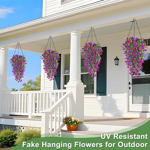 4PCS Artificial Fake Hanging Flowers Plants for Outdoor Spring Decor, UV Resistant Faux Morning Glory Eucalyptus Realistic Silk Petunias for Planter Porch Garden Balcony Yard Indoor (Purple Fuchsia) in Kuwait