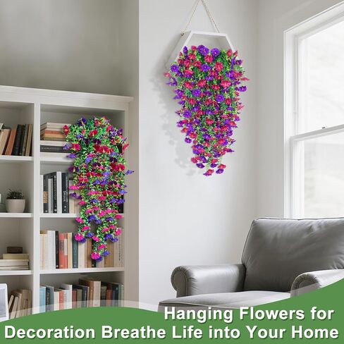 4PCS Artificial Fake Hanging Flowers Plants for Outdoor Spring Decor, UV Resistant Faux Morning Glory Eucalyptus Realistic Silk Petunias for Planter Porch Garden Balcony Yard Indoor (Purple Fuchsia) in Kuwait