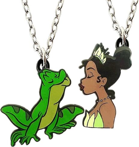 Princess Couples Cute Character Pendant Necklace Set, 2-Piece Frog Necklace, Silver Chain in Kuwait
