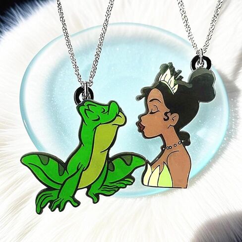 Princess Couples Cute Character Pendant Necklace Set, 2-Piece Frog Necklace, Silver Chain in Kuwait
