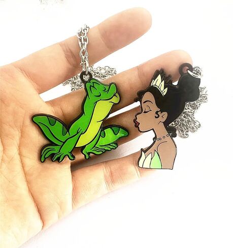 Princess Couples Cute Character Pendant Necklace Set, 2-Piece Frog Necklace, Silver Chain in Kuwait