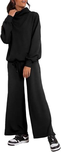 Aleumdr Women's 2 Piece Outfits Lounge Set Mock Neck Long Sleeve Sweatshirt With Wide Leg Pants Sweatsuit Fall 2024 in Kuwait