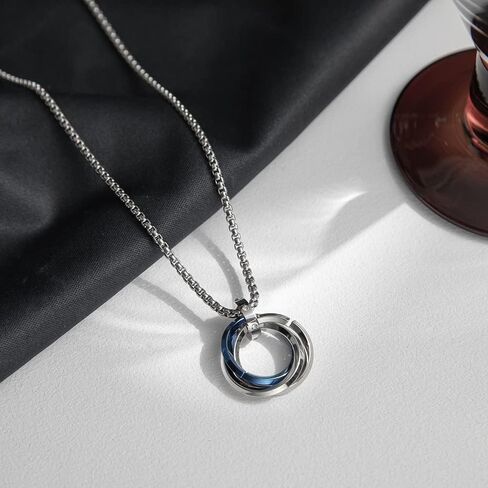 Blue Triple Ring Pendant Necklace for Men, Minimalist Titanium Steel Chain Fashion Accessory in Saudi Arabia